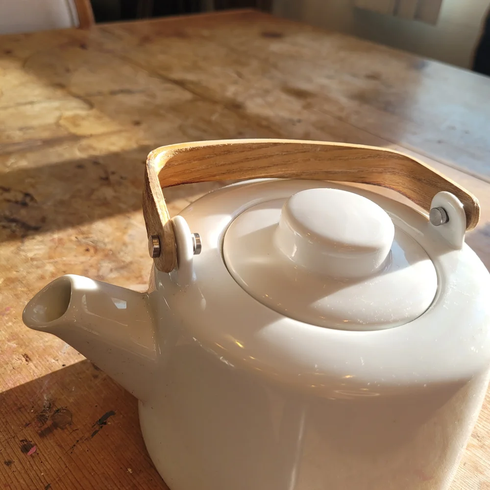 Crate&Barrel White Ceramic Teapot with Wooden Handle